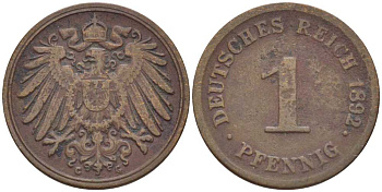 ГЕРМАНИЯ 1 ПФЕННИГ 1892 G KM 10, J. 10, Weege 2 медь 211-147