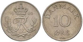 Дания 10 эре 1960 C; S, Фредерик IX (1947-1972) KM 841 медно-никель 211-263