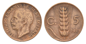 Италия 5 чентезимо 1921 R, Виктор Эммануил III (1900-1946) KM 59 медь 4658-753