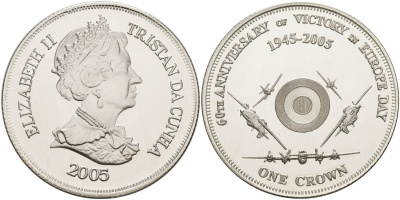 Тристан-да-Кунья 1 крона 2005 60-я годовщина победы в Европе, самолёты серебро PROOF 00-00