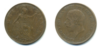 Великобритания 1 пенни 1931 Георг V (1910-1936) КМ 838, Spink 4055 бронза 4383-643