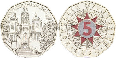Австрия 5 евро 2007 850 лет городу Мариацелль, церковь, с цветной эмалью KM 3145 серебро  UNC  1522-1421
