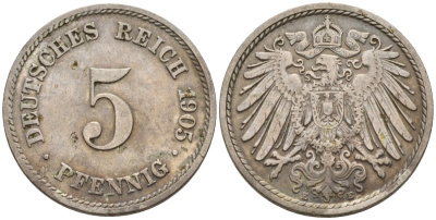 Германия 5 пфеннигов 1905 E KM 11, J. 12 медно-никель 4151-911