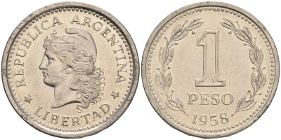 Аргентина 1 песо 1958 голова свободы влево KM 57 сталь плакированная никелем 4561-542