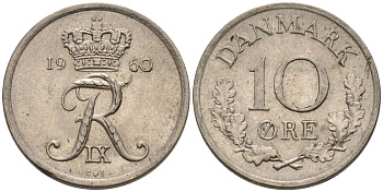 ДАНИЯ 10 ЭРЕ 1958 C; S, ФРЕДЕРИК IX (1947-1972) КМ 849.1 медно-никель 4564-1218