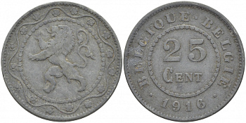БЕЛЬГИЯ 25 САНТИМОВ 1916 BELGIQUE-BELGIE, ГЕРМАНСКАЯ ОККУПАЦИЯ, ПЕРВАЯ МИРОВАЯ ВОЙНА KM 82 цинк 87-1415