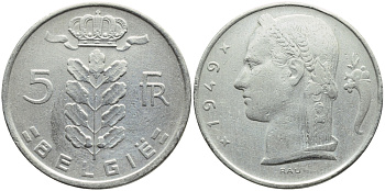 БЕЛЬГИЯ 5 ФРАНКОВ 1949 BELGIE KM 135.1 медно-никель 3999-736