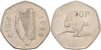Ирландия 50 пенсов 1988 ВАЛЬДШНЕП KM 24 медно-никель 88-645