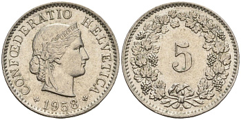 Швейцария 5 раппенов 1953 B KM 26 медно-никель 4608-443