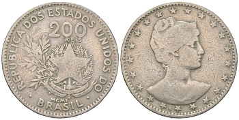 Бразилия 200 реалов 1901 MCMI, голова свободы вправо KM 504 медно-никель 4612-216