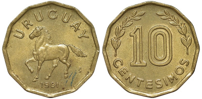 Уругвай 10 сентесимо 1981 KM 66 алюминиевая бронза 4169-539