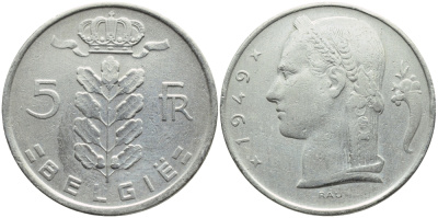 Бельгия 5 франков 1949 Belgie, Леопольд III (1934-1951) KM 135.1 медно-никель 3999-736