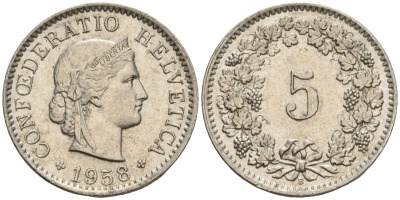 Швейцария 5 раппенов 1953 B KM 26 медно-никель 4608-443