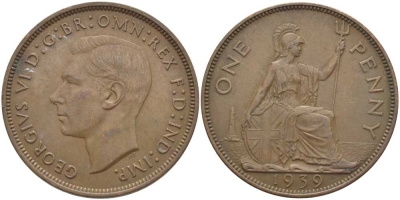 Великобритания 1 пенни 1939 Георг VI (1936-1952) КМ 845, Spink 4114 бронза 115-346