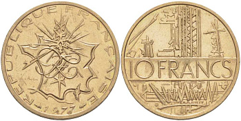 Франция 10 франков 1977 тип Матье KM 940, Le Franc 365.9-10 никель латунь 215-621