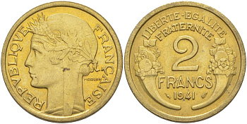 ФРАНЦИЯ 2 ФРАНКА 1941 ТИП MORLON KM 886, LE FRANC 268.14 алюминиевая бронза 3855-216