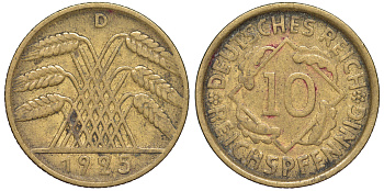 Германия 10 рейхспфеннигов 1925 D KM 40, J. 317 алюминиевая бронза 4604-657