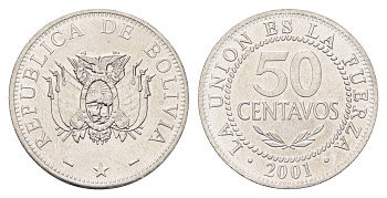 Боливия 50 сентаво 2001 KM 204 нержавеющая сталь UNC 4662-523