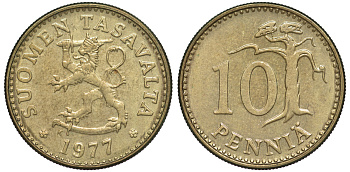 ФИНЛЯНДИЯ 10 ПЕННИ 1977 K KM 46 алюминиевая бронза 3334-1134