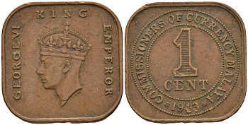 Британская Малайя 1 цент 1943 Георг VI (1937-1952) KM 6 бронза 4153-625