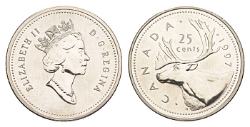 Канада 25 центов 1997 Елизавета II (1952-2022), олень, specimen KM 184 никель BU 4638-545