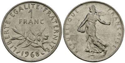 Франция 1 франк 1968 сеятель KM 925 никель 4135-826