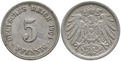 ГЕРМАНИЯ 5 ПФЕННИГОВ 1904 А, KM 11, J. 12 медно-никель 100-622