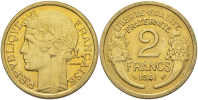 ФРАНЦИЯ 2 ФРАНКА 1941 ТИП MORLON KM 886, LE FRANC 268.14 алюминиевая бронза 3855-216
