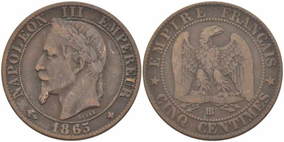 ФРАНЦИЯ 5 САНТИМОВ 1865 BB, НАПОЛЕОН III (1852-1870) KM 797.2, LE FRANC 117.15 бронза 108-614
