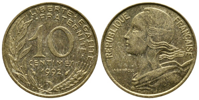 ФРАНЦИЯ 10 САНТИМОВ 1992 ТИП MARIANNE KM 929 медь алюминий никель 93-1333