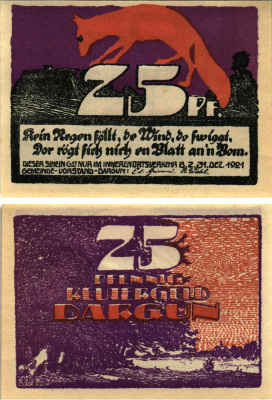 ДАРГУН 25 ПФЕННИГОВ 1921 НОТГЕЛЬД, 1922 - 31 ДЕКАБРЯ 1921, ЗЕМЛЯ МЕКЛЕНБУРГ-ПЕРЕДНЯЯ ПМЕРАНИЯ Grabowski 257.1 бумага 8608-9-1-1