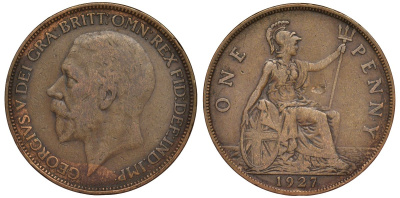 Великобритания 1 пенни 1927 Георг V (1910-1936) KM 826, Spink 4054 бронза 4123-1016