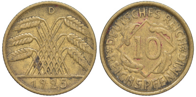 Германия 10 рейхспфеннигов 1925 D KM 40, J. 317 алюминиевая бронза 4604-657