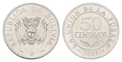 Боливия 50 сентаво 2001 KM 204 нержавеющая сталь UNC 4662-523