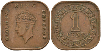 Британская Малайя 1 цент 1943 Георг VI (1937-1952) KM 6 бронза 4153-625