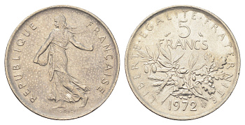 Франция 5 франков 1972 сеятель KM 926a.1, Le Franc 341.4 медно-никель плакированный никелем 4692-1111