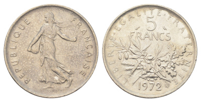 Франция 5 франков 1972 сеятель KM 926a.1, Le Franc 341.4 медно-никель плакированный никелем 4692-1111
