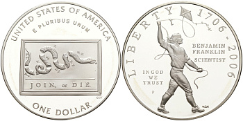 США 1 доллар 2006 Р, 300 лет со дня рождения Бенджамина Франклина, в оригинальной коробке, сертификат KM 387 серебро PROOF 00-00