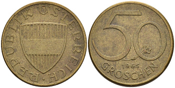 Австрия 50 грошей 1965 КМ 2885 алюминиевая бронза 4573-246
