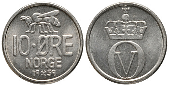 НОРВЕГИЯ 10 ЭРЕ 1959 ПЧЕЛА, УЛАФ V (1957-1991) KM 411 медно-никель 66-149