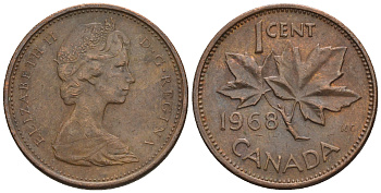 Канада 1 цент 1968 Елизавета II (1952-2022), кленовый лист KM 59.1 бронза 4609-131