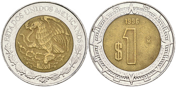 Мексика 1 песо 1996 Mo KM 603 биметалл 4364-456