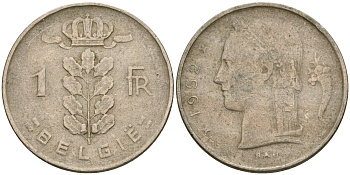 Бельгия 1 франк 1952 Belgie, Бодуэн I (1951-1993) KM 143.1 медно-никель 25-1254