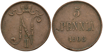 Россия для Финляндии 5 пенни 1908 Николай II (1894-1917) KM 15, Биткин 449 медь 259-1146