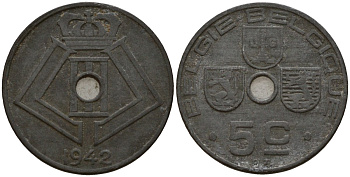 Бельгия 5 сантимов 1942 Belgie - Belgique, Леопольд III (1934-1947), германская оккупация, Вторая мировая война KM 124 цинк 4160-1134