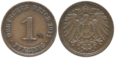 Германия 1 пфенниг 1911 A KM 10, J. 10, Weege 2 медь 100-869
