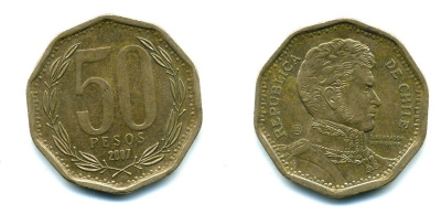 Чили 50 песо 2007 Бернардо О’Хиггинс KM 219.2 алюминиевая бронза 35-535