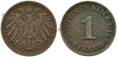 Германия 1 пфенниг 1911 A, Вильгельм II (1888-1918) KM 10, J. 10 медь 4608-117