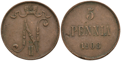 Россия для Финляндии 5 пенни 1908 Николай II (1894-1917) KM 15, Биткин 449 медь 259-1146