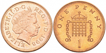 Великобритания 1 пенни 1998 Елизавета II (1952-2022) KM 986, Spink 4710 (B5) сталь плакированная медью UNC 112-1035